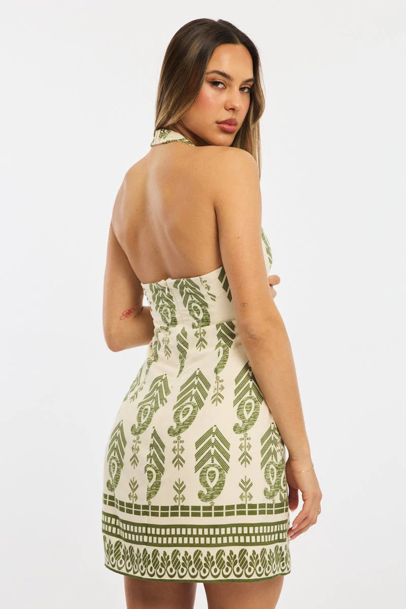 Green Abstract Halter Neck Dress Mini - Image 4