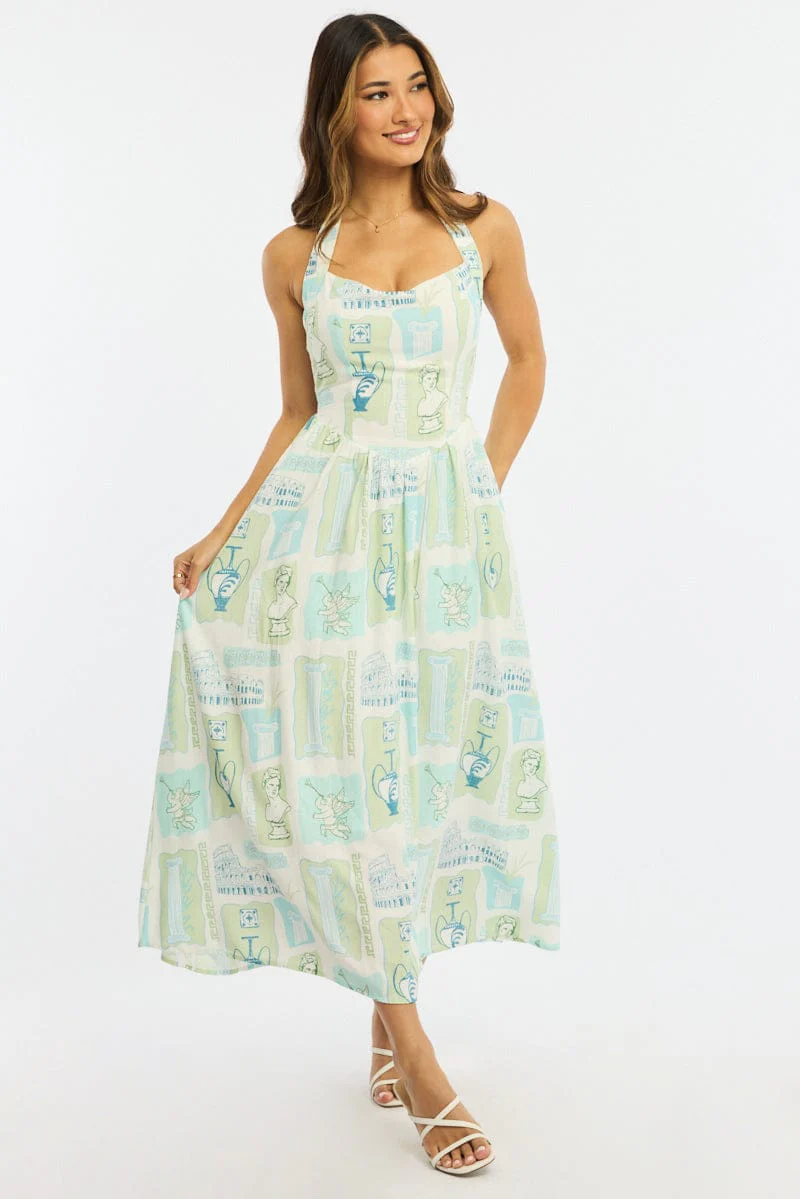 Green Abstract Maxi Dress Halter Neck