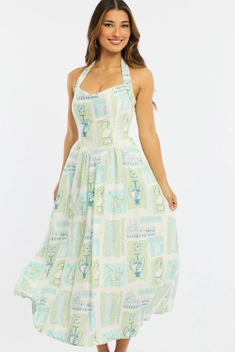 Green Abstract Maxi Dress Halter Neck - Image 2