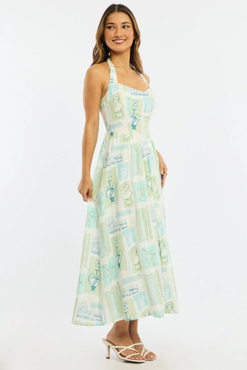 Green Abstract Maxi Dress Halter Neck - Image 3