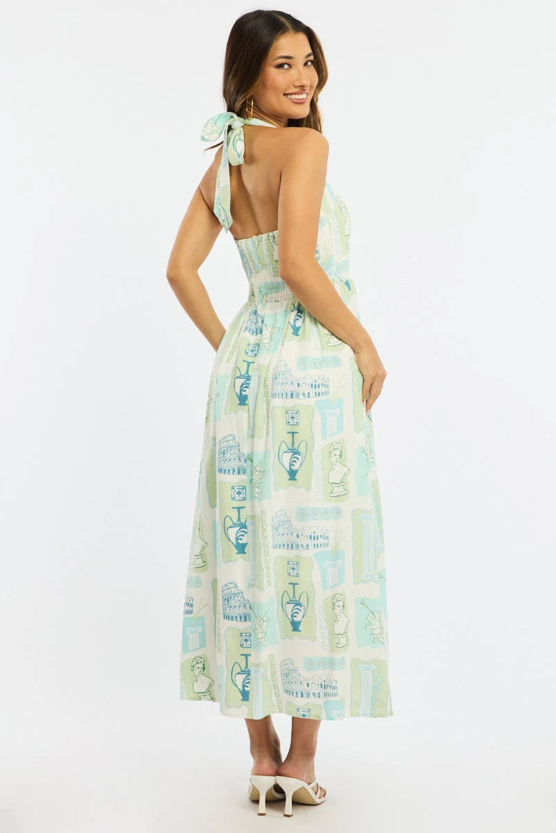 Green Abstract Maxi Dress Halter Neck - Image 4