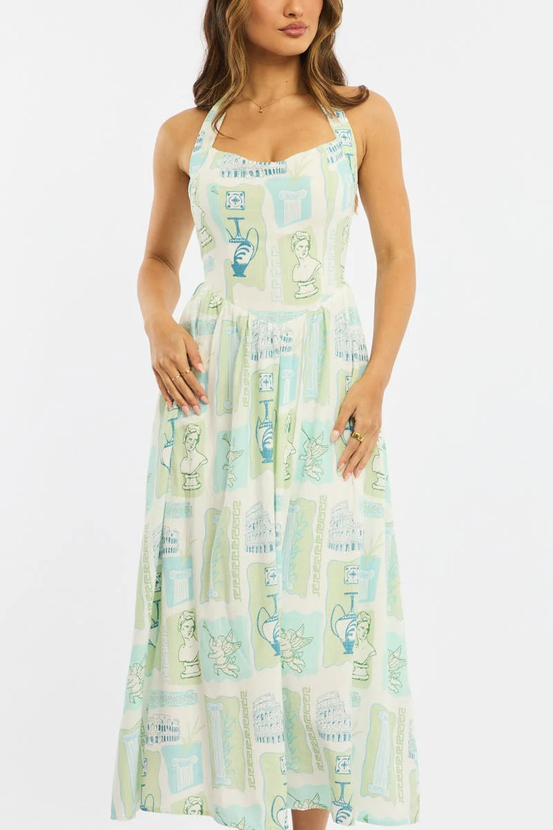 Green Abstract Maxi Dress Halter Neck - Image 5