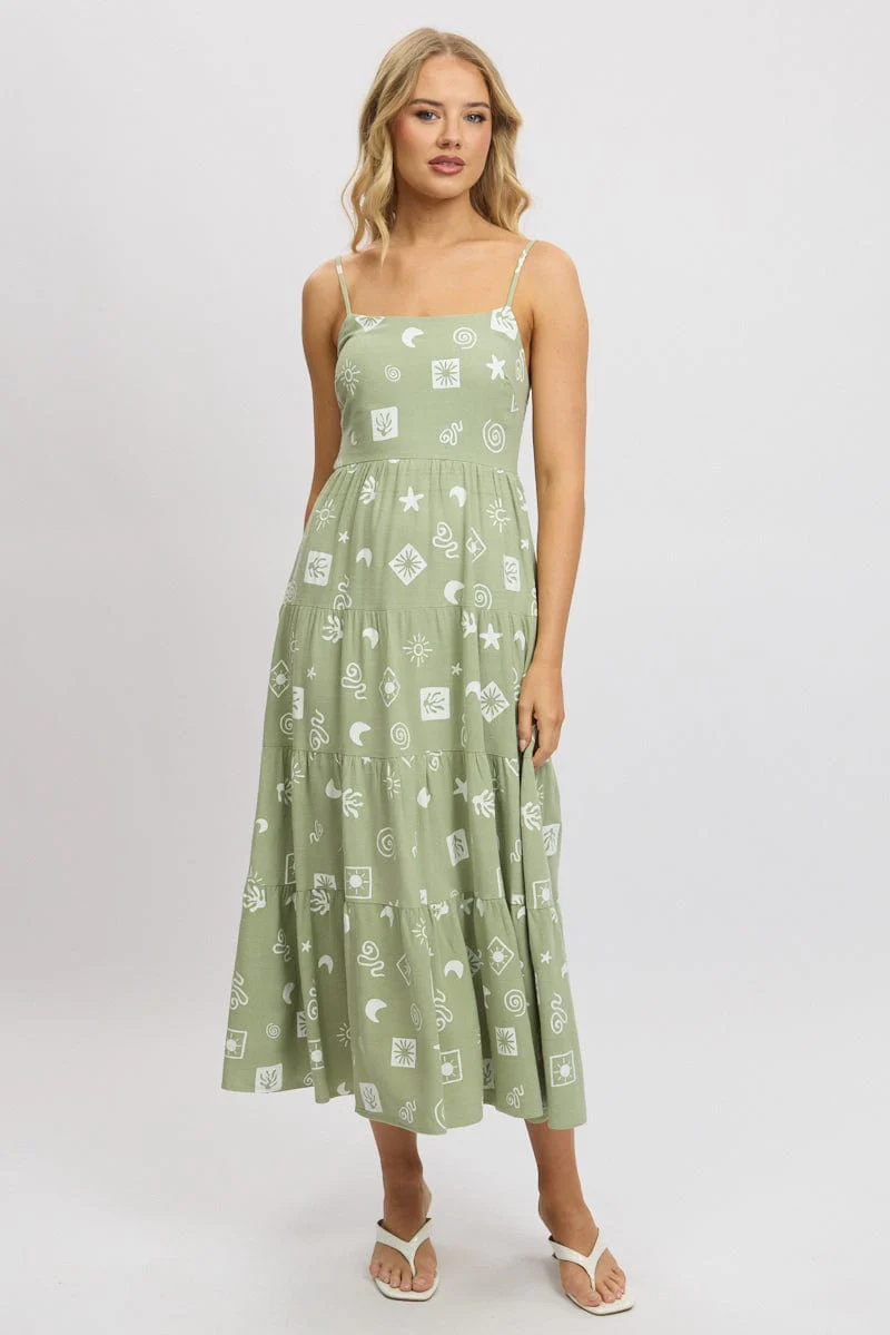 Green Abstract Midi Dress Tiered Strappy - Image 3