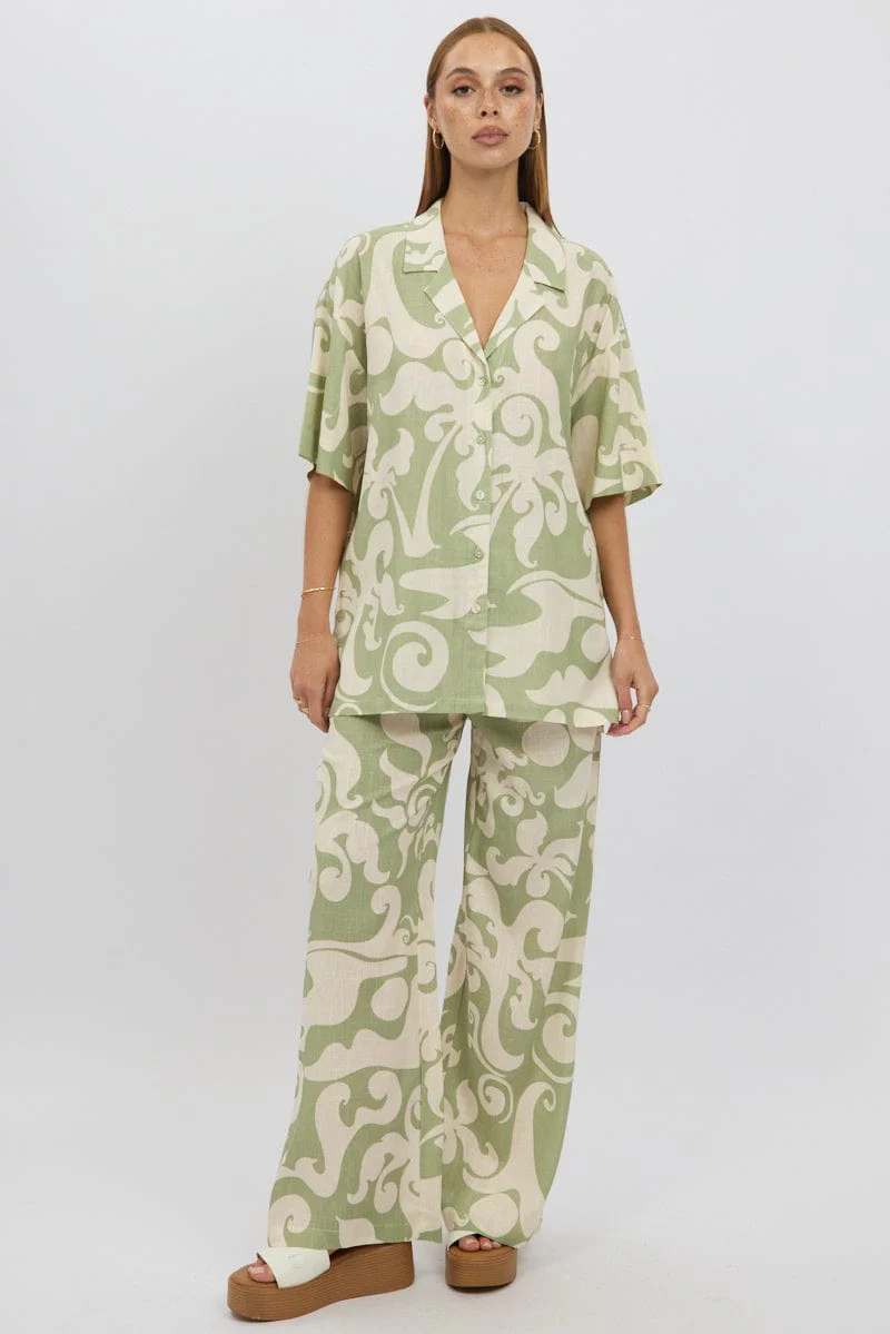 Green Abstract Relaxed Shirt Short Sleeve Linen Blend - Image 2