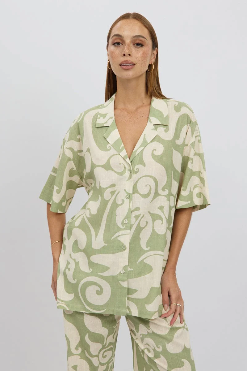 Green Abstract Relaxed Shirt Short Sleeve Linen Blend - Image 3