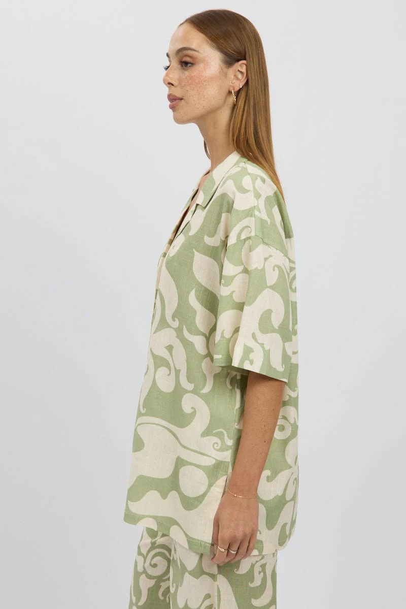 Green Abstract Relaxed Shirt Short Sleeve Linen Blend - Image 4