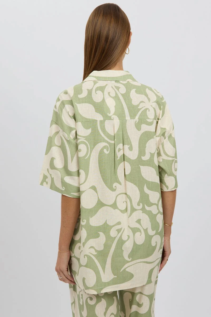 Green Abstract Relaxed Shirt Short Sleeve Linen Blend - Image 5
