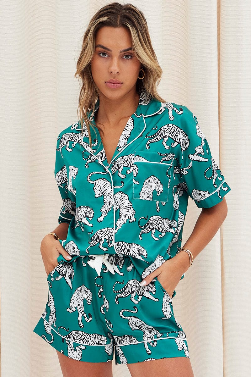 Green Animal Print Satin Pyjama Button Through Tiger Print Pj - Image 3