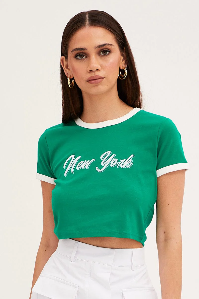 Green Baby Tee Short Sleeve Crew Neck Crop New York - Image 3