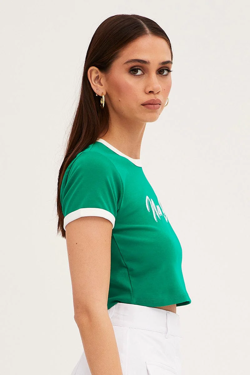 Green Baby Tee Short Sleeve Crew Neck Crop New York - Image 4