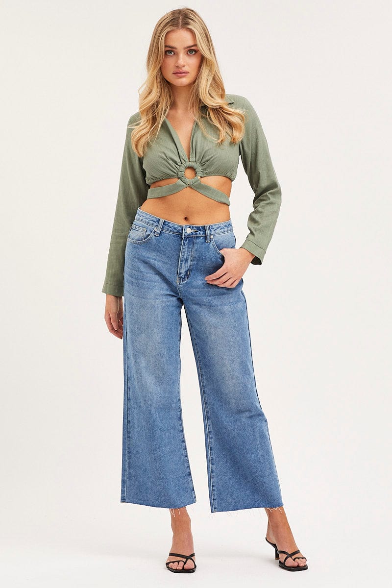 Green Bell Sleeve Top Long Sleeve Crop - Image 2