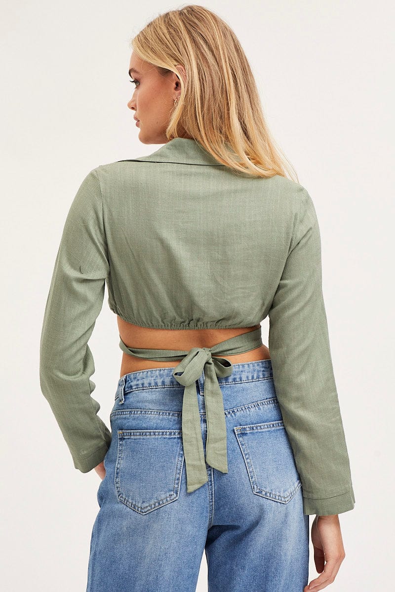 Green Bell Sleeve Top Long Sleeve Crop - Image 5