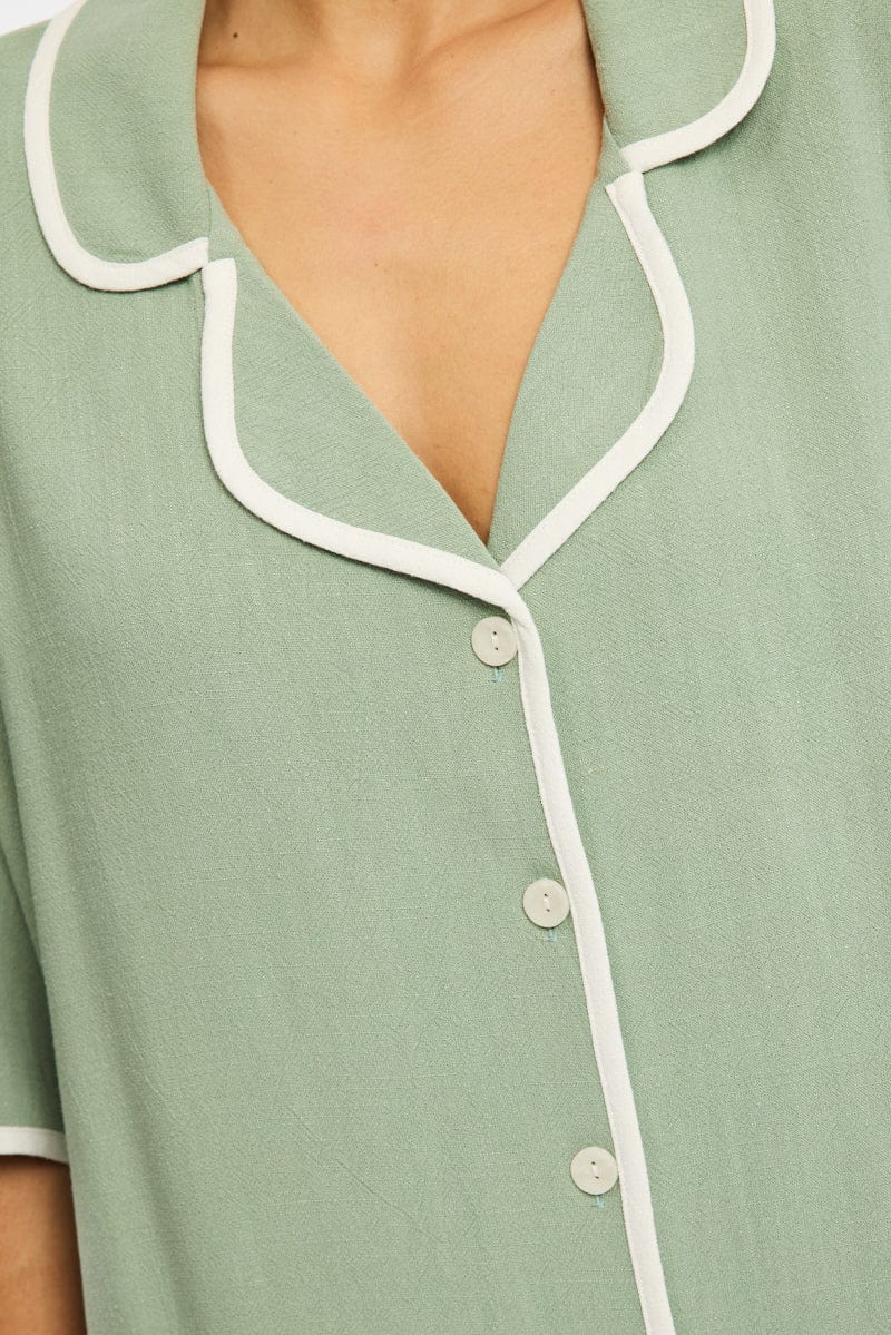 Green Bias Lapel Shirt Short Sleeve Relaxed Linen Blend - Image 5