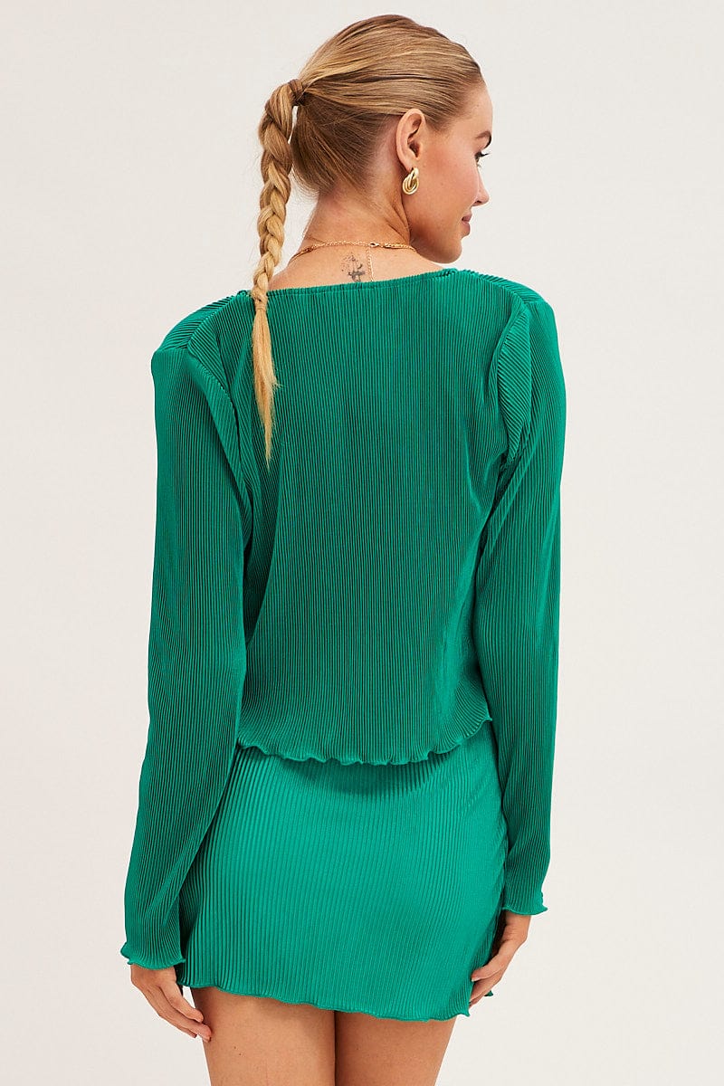 Green Bolero Long Sleeve Tie Front Plisse Satin - Image 5