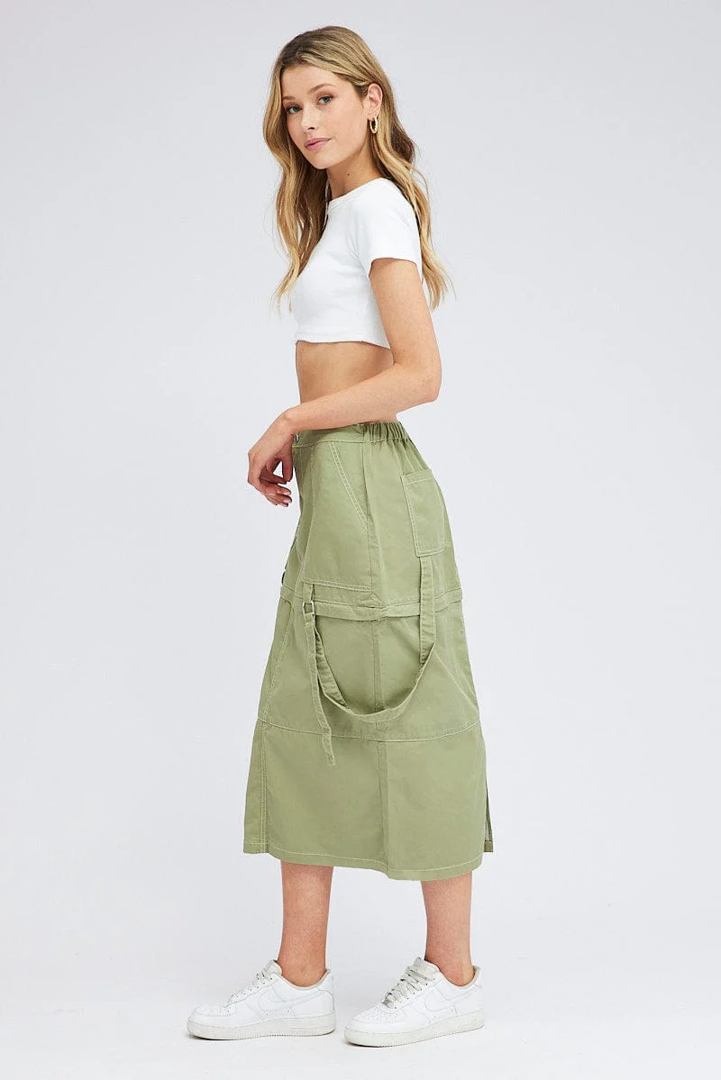 Green Cargo Skirt High Rise Elastic Two-way Midi Mini - Image 4