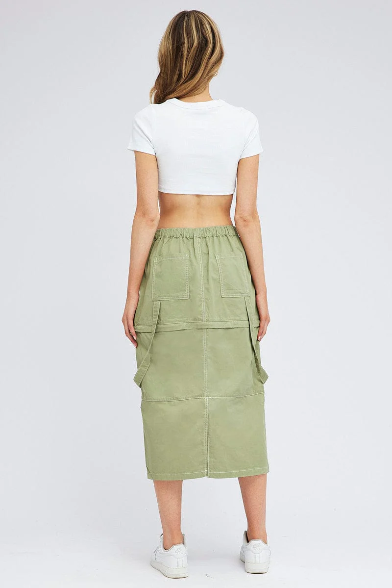 Green Cargo Skirt High Rise Elastic Two-way Midi Mini - Image 5