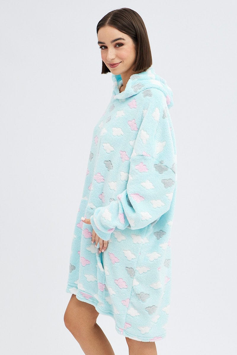 Green Cloud Print Cosy Blanket Hoodie PJ - Image 4