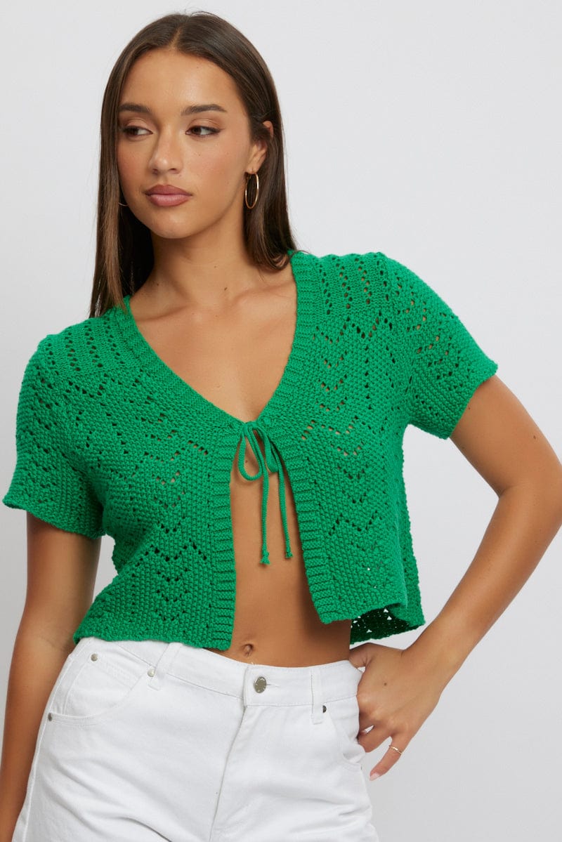 Green Crochet Knit Cardigan Short Sleeve V Neck - Image 3