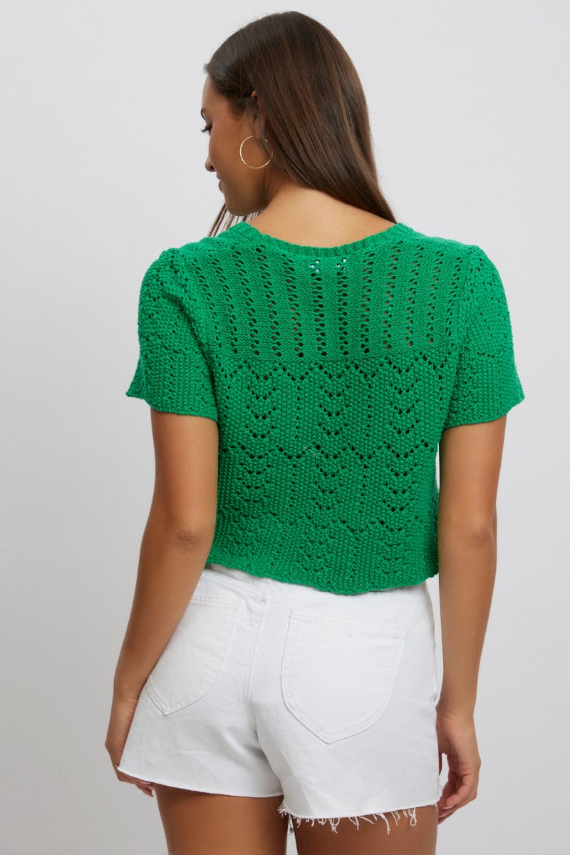 Green Crochet Knit Cardigan Short Sleeve V Neck - Image 5