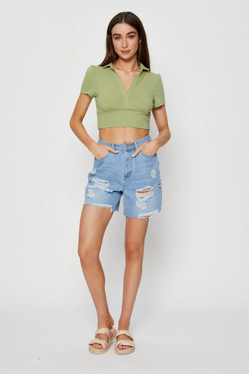 Green Crop T Shirt Short Sleeve Collared - Image 2