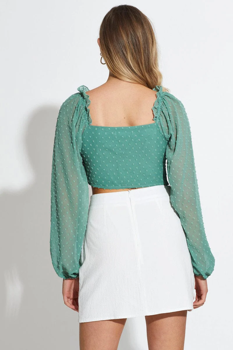 Green Crop Top Long Sleeve Square Neck - Image 4