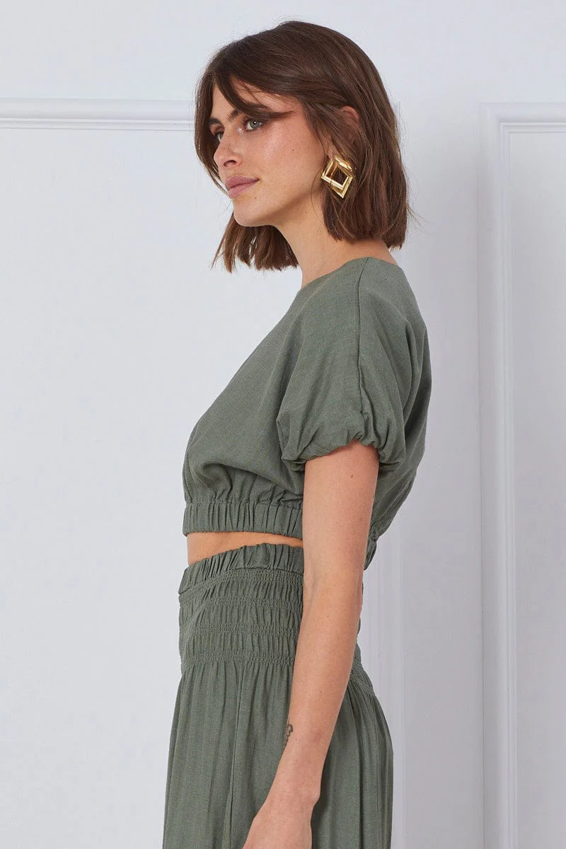 Green Crop Top Short Sleeve Round Neck Linen - Image 4