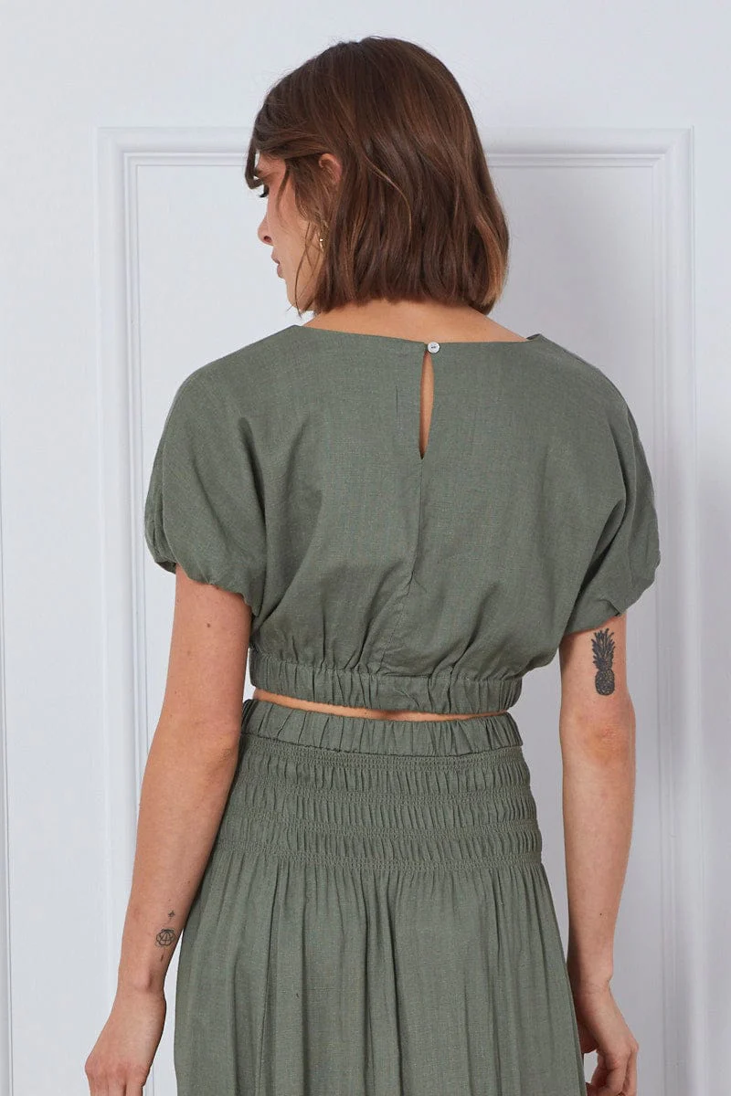 Green Crop Top Short Sleeve Round Neck Linen - Image 5