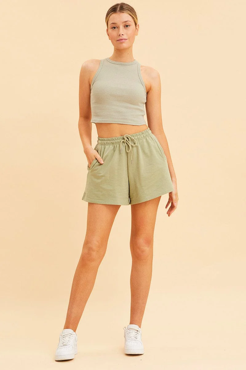 Green Cropped Tank Cotton Blend Rib High Neck Racer Back - Image 2