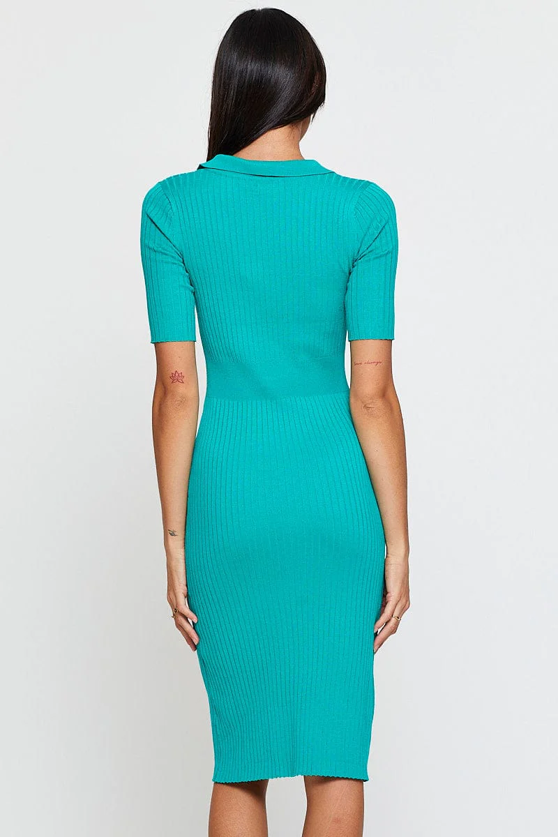 Green Dress Short Sleeve Midi Collared Knit - Image 5