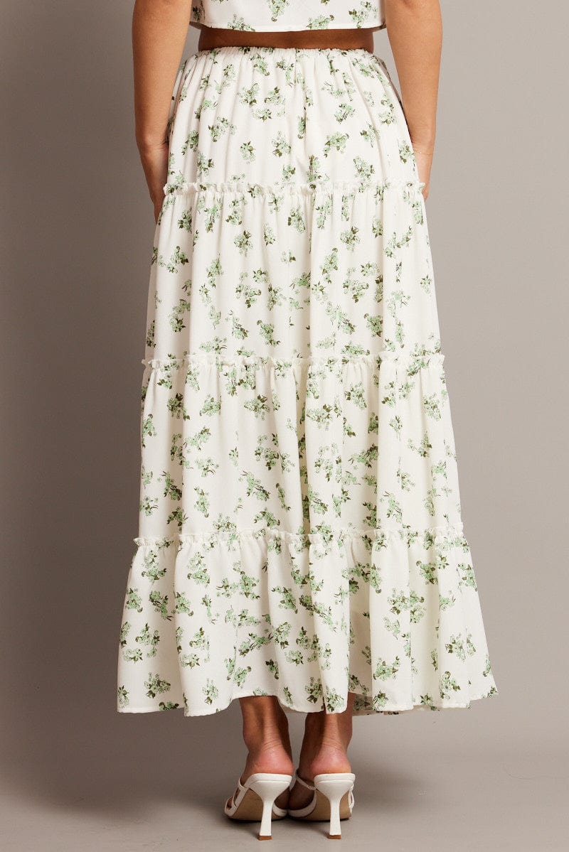 Green Floral Maxi Skirt Tiered High Rise Elastic Waistband - Image 5