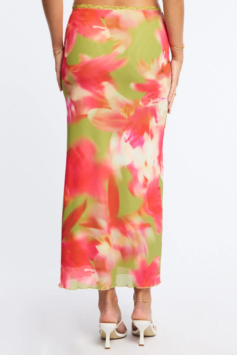 Green Floral Mesh Skirt Elasticated Lace Trim Midaxi - Image 4