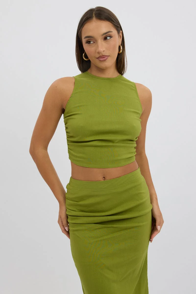 Green Gathered Sleeveless Top Round Neck Bengaline - Image 6