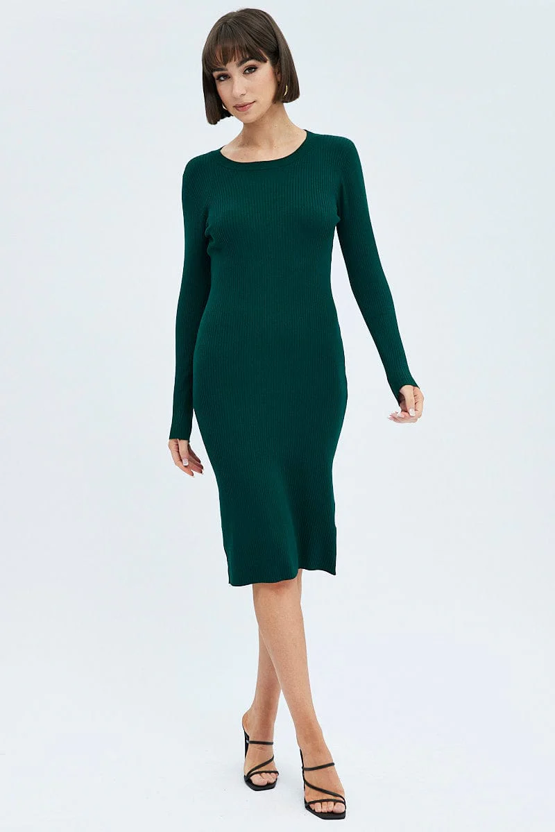 Green Knit Dress Long Sleeve Midi - Image 2