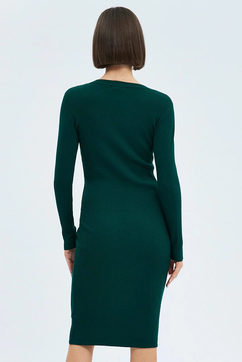 Green Knit Dress Long Sleeve Midi - Image 5