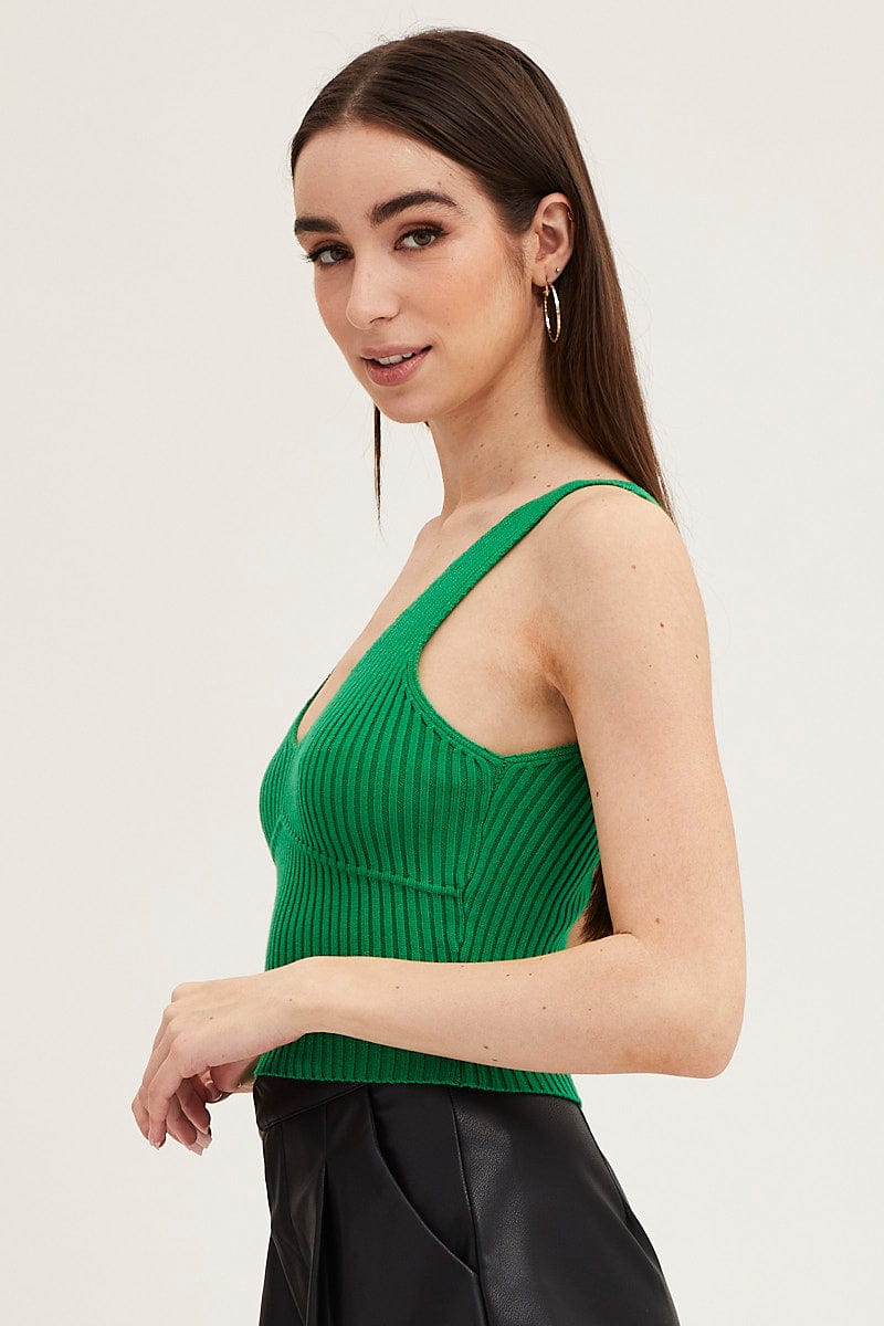 Green Knit Top Sleeveless Crop V-Neck - Image 4