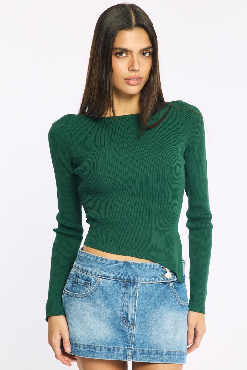 Green Long Sleeve Knit Boat Neck Side Split