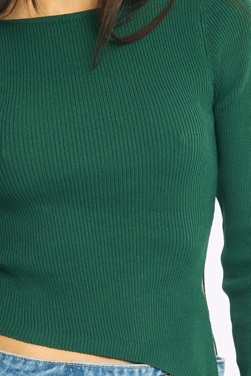 Green Long Sleeve Knit Boat Neck Side Split - Image 5