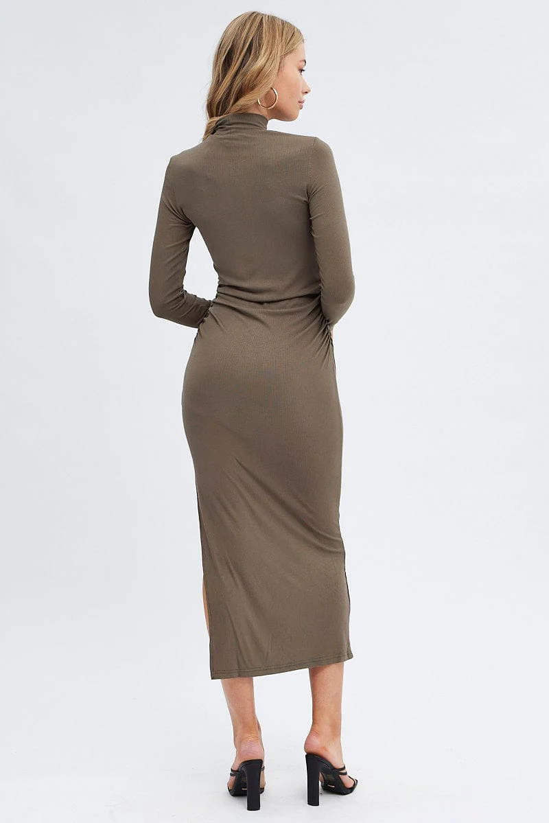 Green Midi Dress Long Sleeve High Neck Rib Jersey - Image 5