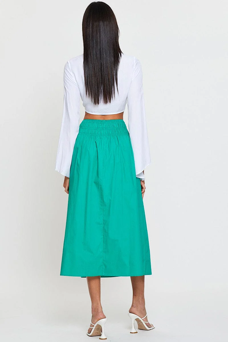 Green Midi Skirt High Rise Shirred Waist - Image 5