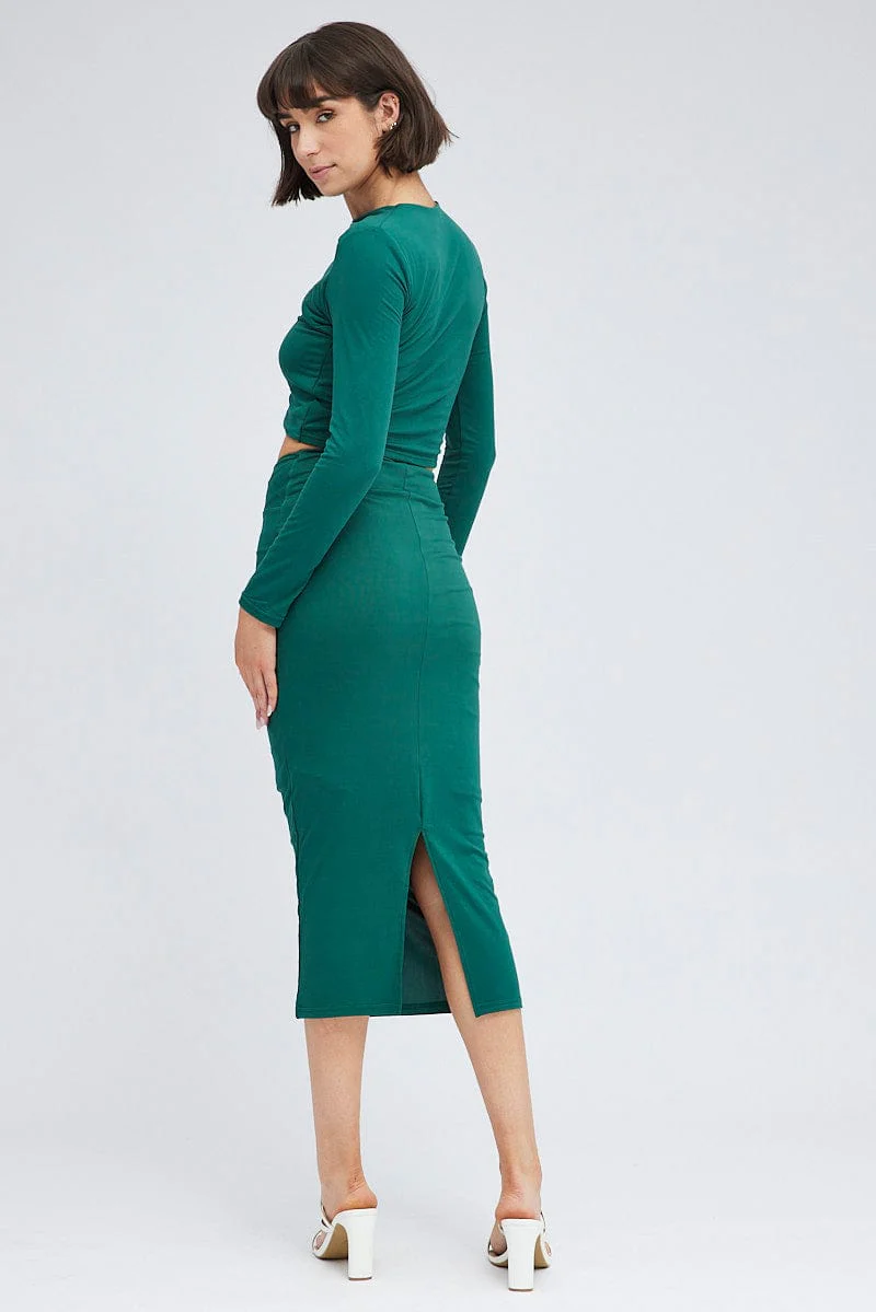 Green Midi Skirt Twisted Waist Double Layer - Image 5