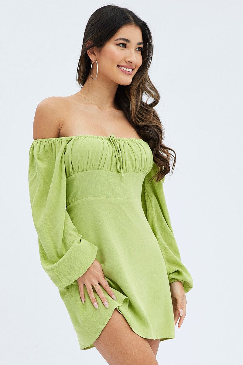 Green Mini Dress Ruched Bust Long Sleeve - Image 3