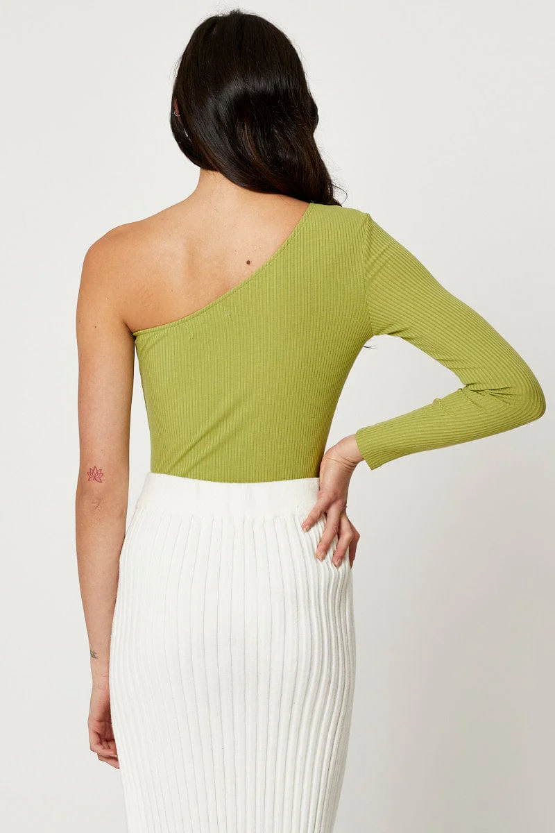 Green One Shoulder Ribbed Top - Image 4