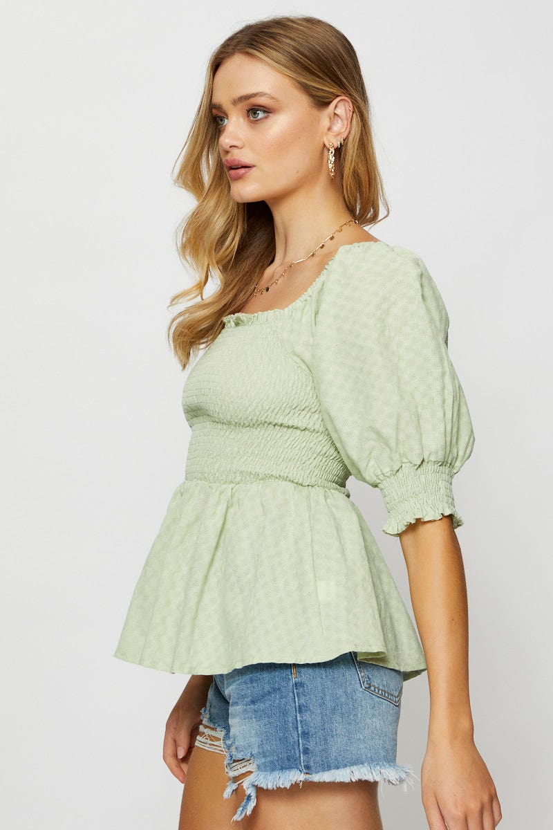 Green Peplum Top Short Sleeve Round Neck - Image 8