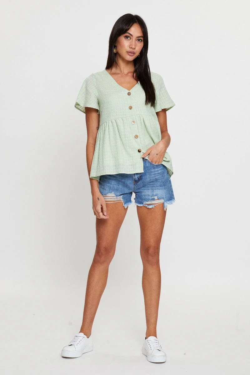 Green Peplum Top Short Sleeve V-Neck Button Front - Image 2