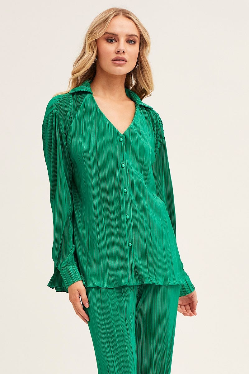 Green Plisse Shirt Long Sleeve Button Front - Image 9