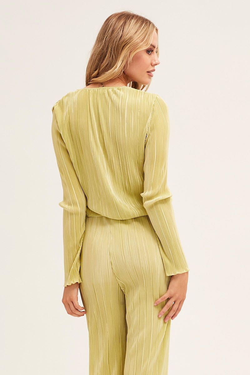 Green Plisse Top Tie Front Long Sleeve - Image 11