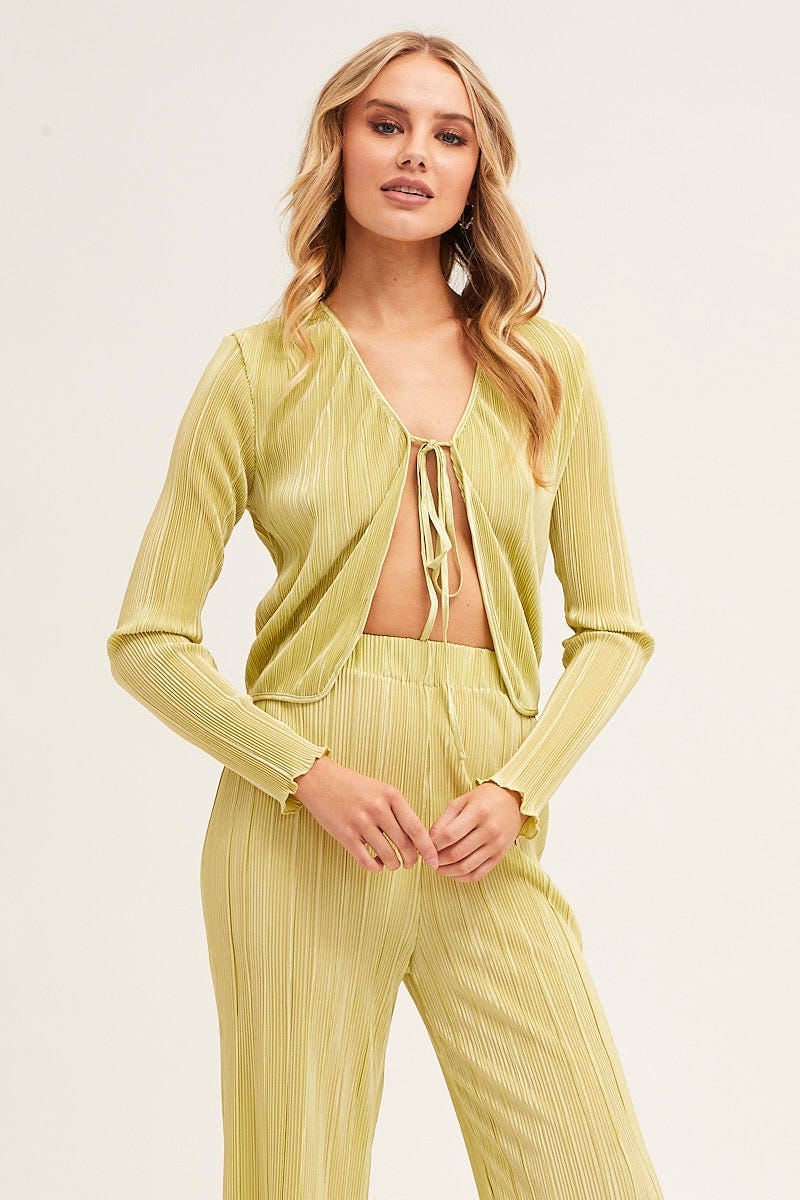 Green Plisse Top Tie Front Long Sleeve - Image 7