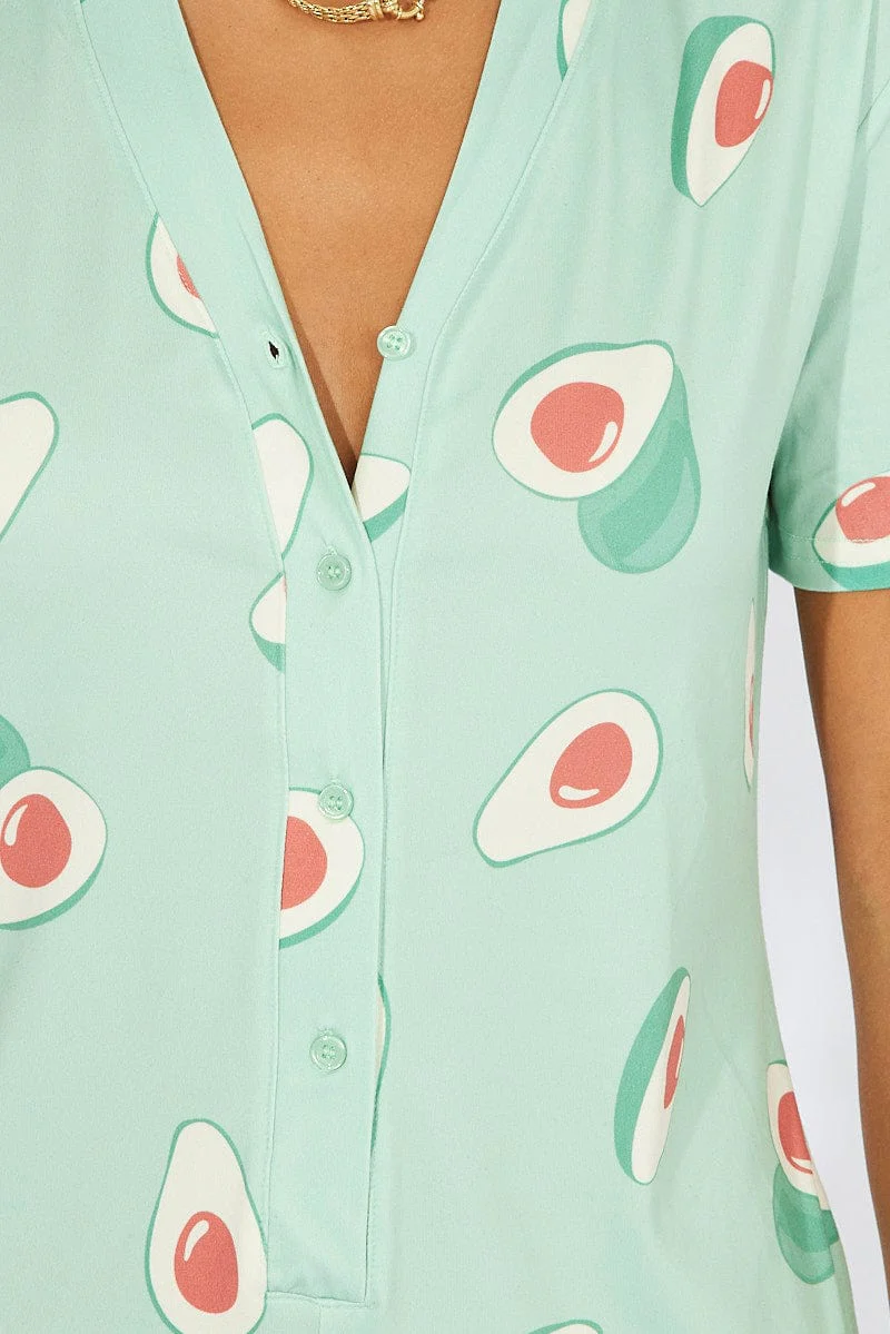 Green Print Avocado Romper Button Through Nightwear Onesie - Image 6