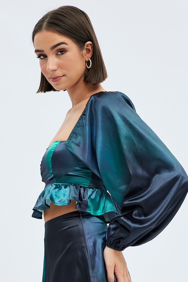 Green Print Crop Top Long Sleeve Square Neck Frill Hem Satin - Image 4