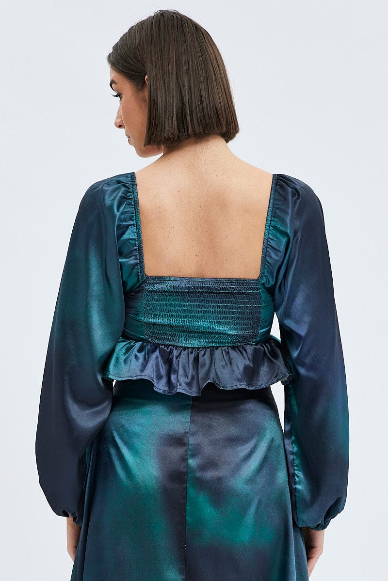 Green Print Crop Top Long Sleeve Square Neck Frill Hem Satin - Image 5